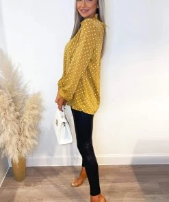 AX Paris Mustard Polka Dot High Neck Long Sleeve Top