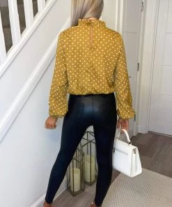 AX Paris Mustard Polka Dot High Neck Long Sleeve Top