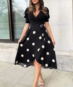 AX Paris Black And Cream Polka Dot 2 In 1 Wrap Over Midi Dress Dresses