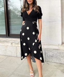 AX Paris Black And Cream Polka Dot 2 In 1 Wrap Over Midi Dress Dresses