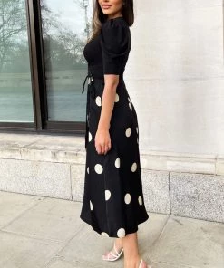 AX Paris Black And Cream Polka Dot 2 In 1 Wrap Over Midi Dress Dresses
