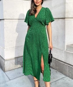 AX Paris Green Printed V-Neck Short Sleeve Midi Dress Dresses