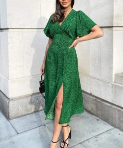 AX Paris Green Printed V-Neck Short Sleeve Midi Dress Dresses