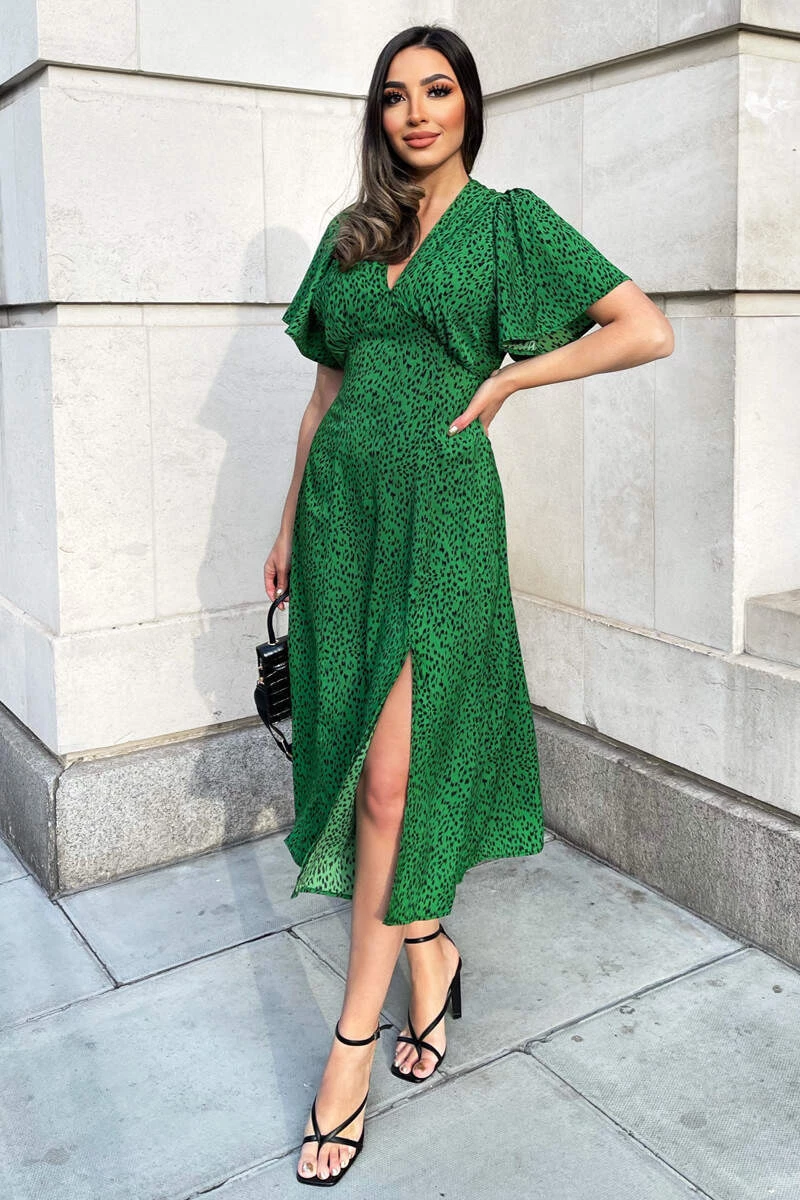 AX Paris Green Printed V-Neck Short Sleeve Midi Dress Dresses 2 AX Paris Green Printed V-Neck Short Sleeve Midi Dress Dresses