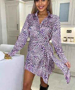 AX Paris Dresses Pink Animal Print Tie Wrap Long Sleeve Mini Dress