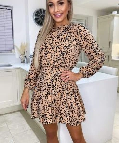 AX Paris Peach And Black Long Sleeve Pleated Skater Dress