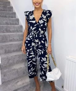 AX Paris Navy And White Floral Wrap Front Belted Jumpsuit Jumpsuits And Playsuits