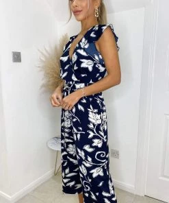 AX Paris Navy And White Floral Wrap Front Belted Jumpsuit Jumpsuits And Playsuits