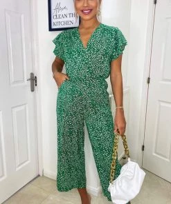 AX Paris Green And White Printed Wrap Over Frill Sleeve Jumpsuit Jumpsuits And Playsuits