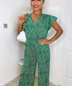 AX Paris Green And White Printed Wrap Over Frill Sleeve Jumpsuit Jumpsuits And Playsuits