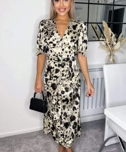 AX Paris Dresses Black And Stone Printed Frill Front Midi Dress