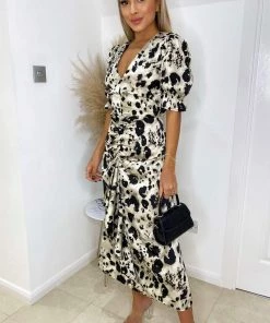 AX Paris Dresses Black And Stone Printed Frill Front Midi Dress