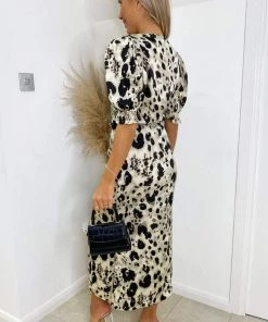 AX Paris Dresses Black And Stone Printed Frill Front Midi Dress