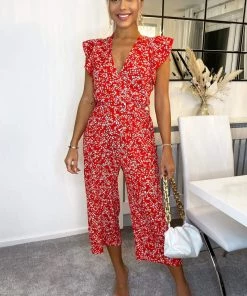 AX Paris Red Floral Print Wrap Front Belted Jumpsuit