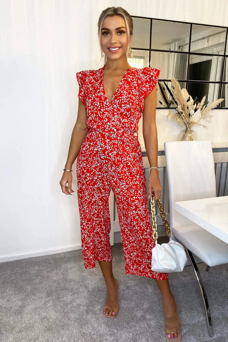 AX Paris Red Floral Print Wrap Front Belted Jumpsuit 1 AX Paris Red Floral Print Wrap Front Belted Jumpsuit