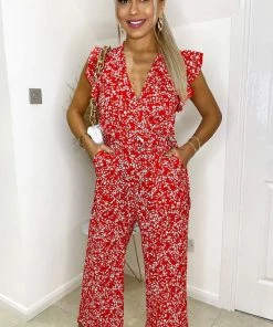 AX Paris Red Floral Print Wrap Front Belted Jumpsuit