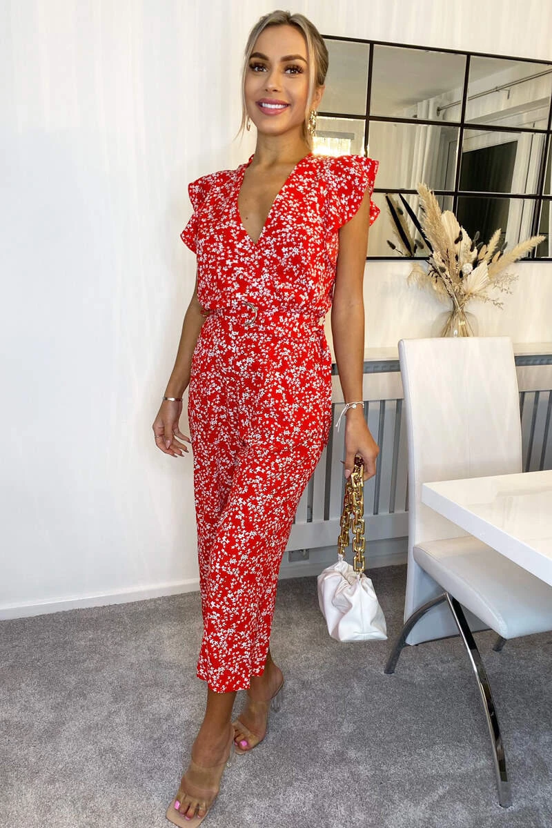 AX Paris Red Floral Print Wrap Front Belted Jumpsuit 3 AX Paris Red Floral Print Wrap Front Belted Jumpsuit