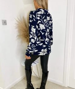 AX Paris Navy And White Floral Printed Elasticated Cuff Shirt Tops