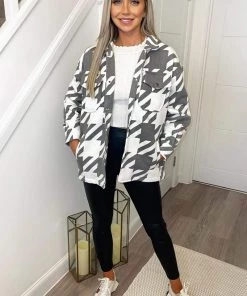 AX Paris Grey Large Dogtooth Print Shirt Jacket