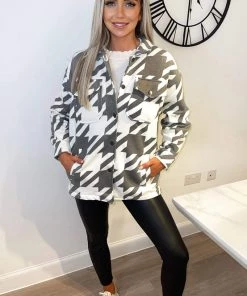 AX Paris Grey Large Dogtooth Print Shirt Jacket