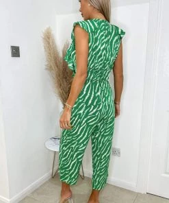 AX Paris Green And White Animal Print Frill Front Jumpsuit Jumpsuits And Playsuits