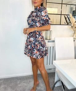 AX Paris Navy Floral High Neck Button Front Mini Dress