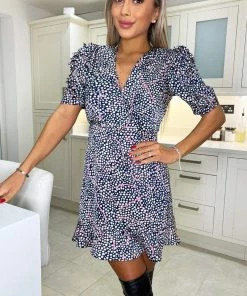 AX Paris Navy And Pink Print Pleated Sleeve Skater Dress