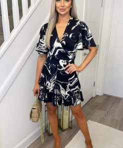 AX Paris Navy Marble Print Wrap Over Pleated Dress