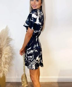 AX Paris Navy Marble Print Wrap Over Pleated Dress