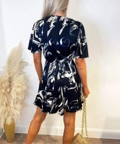 AX Paris Navy Marble Print Wrap Over Pleated Dress