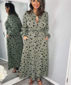 AX Paris Dresses Khaki Printed Button Up Midi Shirt Dress