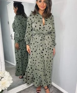 AX Paris Dresses Khaki Printed Button Up Midi Shirt Dress