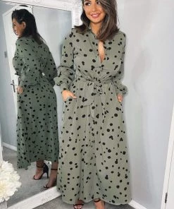 AX Paris Dresses Khaki Printed Button Up Midi Shirt Dress