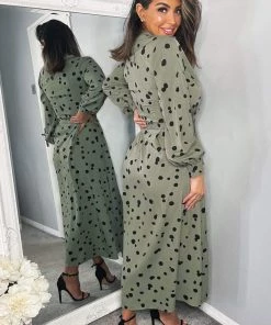 AX Paris Dresses Khaki Printed Button Up Midi Shirt Dress