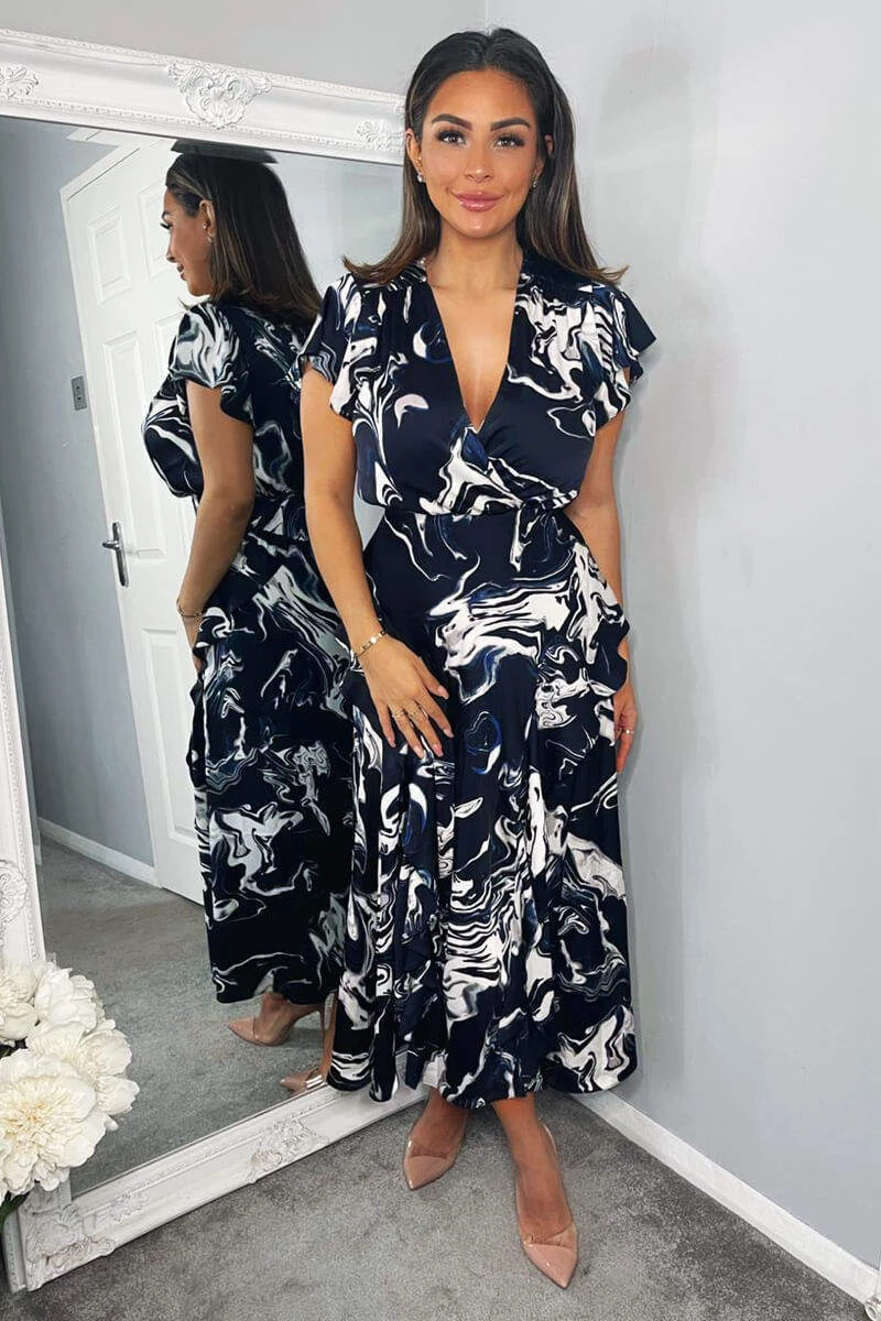 AX Paris Navy Marble Print Short Sleeve Ruffle Midi Dress 1 AX Paris Navy Marble Print Short Sleeve Ruffle Midi Dress