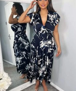 AX Paris Navy Marble Print Short Sleeve Ruffle Midi Dress