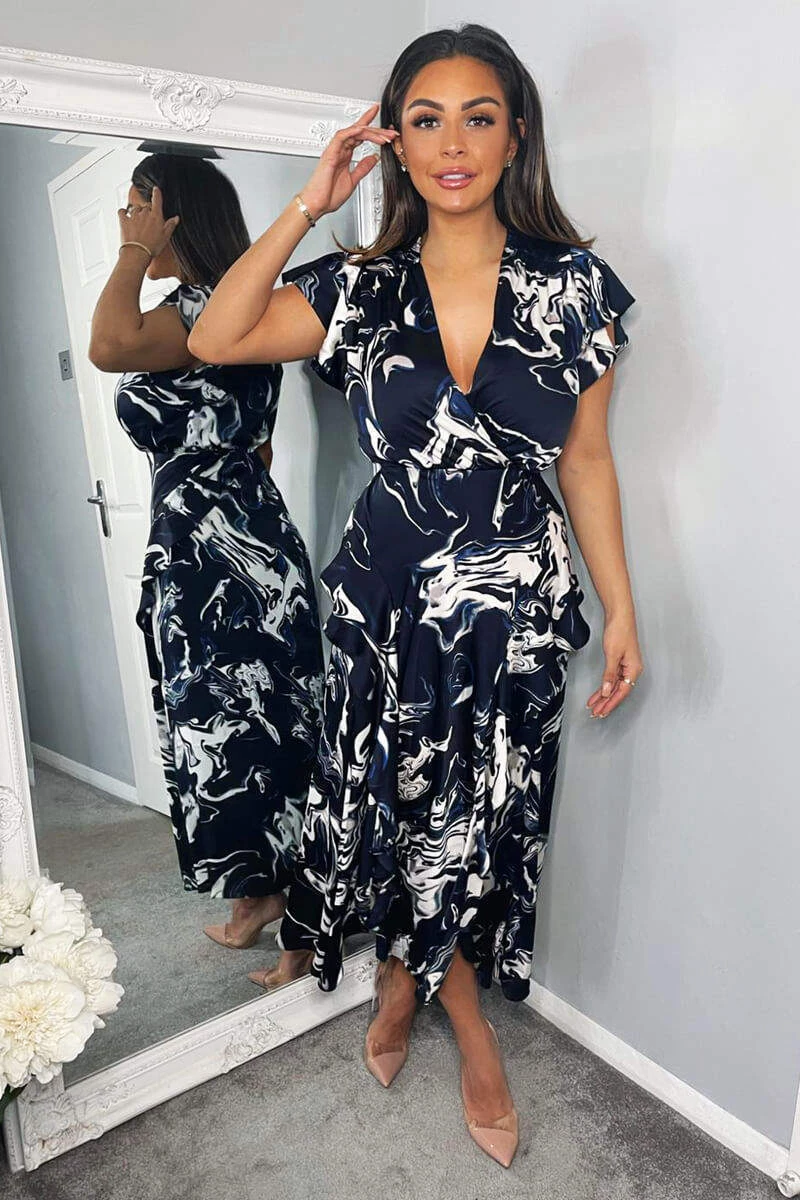 AX Paris Navy Marble Print Short Sleeve Ruffle Midi Dress 2 AX Paris Navy Marble Print Short Sleeve Ruffle Midi Dress