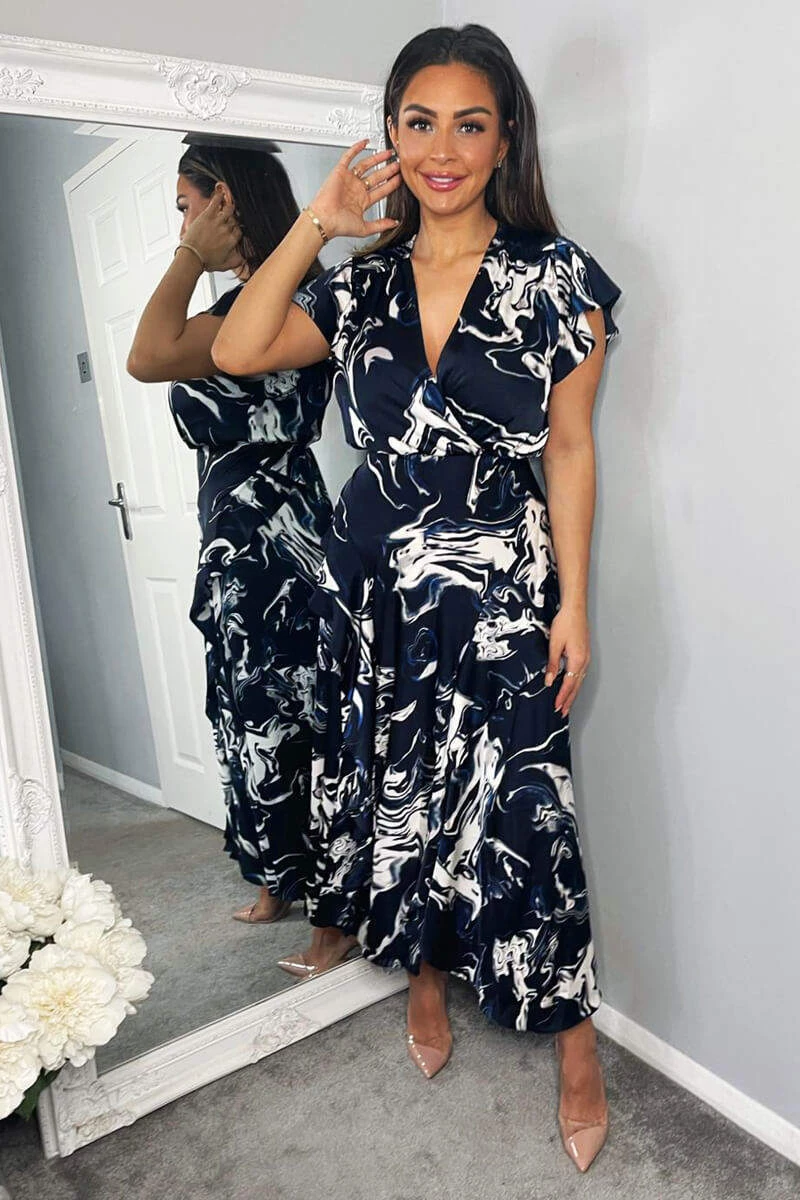 AX Paris Navy Marble Print Short Sleeve Ruffle Midi Dress 3 AX Paris Navy Marble Print Short Sleeve Ruffle Midi Dress