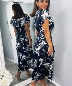 AX Paris Navy Marble Print Short Sleeve Ruffle Midi Dress 8 AX Paris Navy Marble Print Short Sleeve Ruffle Midi Dress