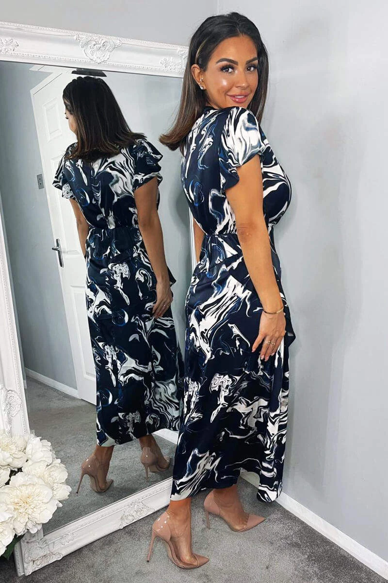 AX Paris Navy Marble Print Short Sleeve Ruffle Midi Dress 4 AX Paris Navy Marble Print Short Sleeve Ruffle Midi Dress