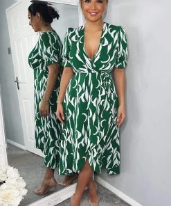 AX Paris Green And White Printed Wrap Side Tie Midi Dress Dresses