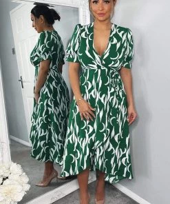 AX Paris Green And White Printed Wrap Side Tie Midi Dress Dresses 7 AX Paris Green And White Printed Wrap Side Tie Midi Dress Dresses
