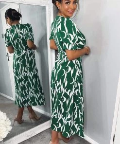 AX Paris Green And White Printed Wrap Side Tie Midi Dress Dresses 8 AX Paris Green And White Printed Wrap Side Tie Midi Dress Dresses