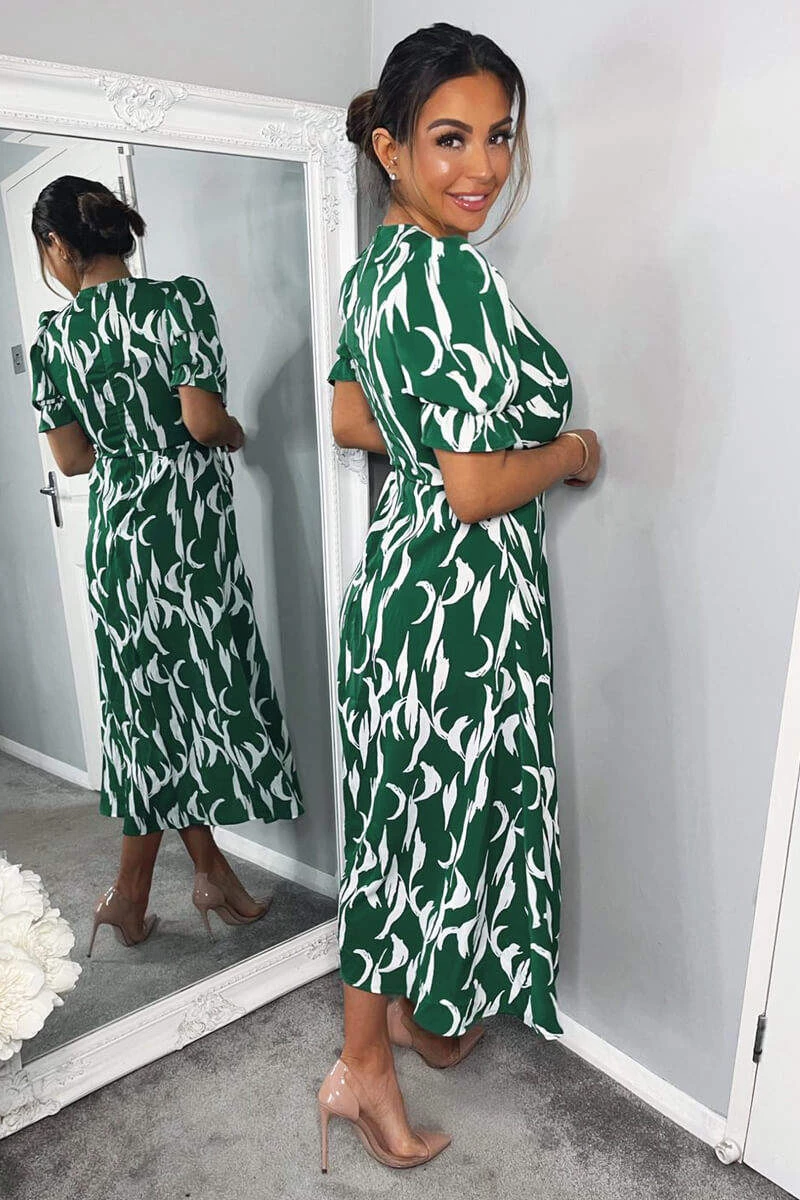 AX Paris Green And White Printed Wrap Side Tie Midi Dress Dresses 4 AX Paris Green And White Printed Wrap Side Tie Midi Dress Dresses
