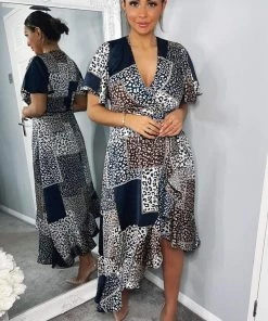 AX Paris Navy Animal Print Patchwork Wrap Midi Dress Dresses