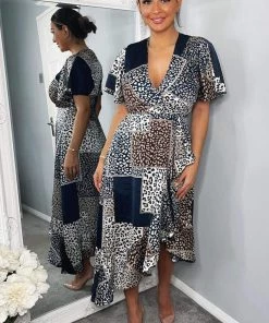 AX Paris Navy Animal Print Patchwork Wrap Midi Dress Dresses