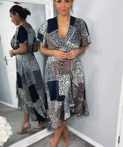 AX Paris Navy Animal Print Patchwork Wrap Midi Dress Dresses