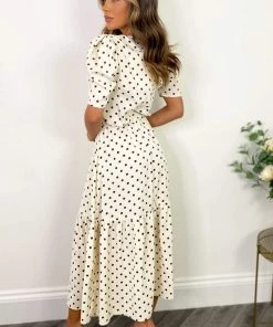 AX Paris Dresses Cream And Brown Polka Dot Midi Smock Dress