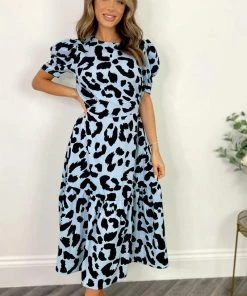 AX Paris Blue And Black Animal Print Short Sleeve Midi Smock Dress Dresses