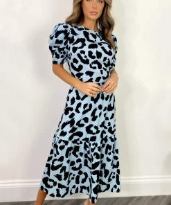 AX Paris Blue And Black Animal Print Short Sleeve Midi Smock Dress Dresses